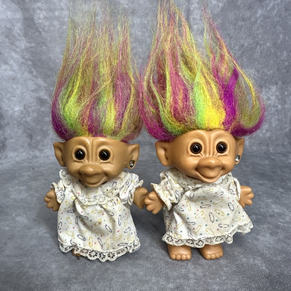 2 Vintage Bright America 5" Russ Troll Doll Figure with Rainbow Hair Ear Jewel